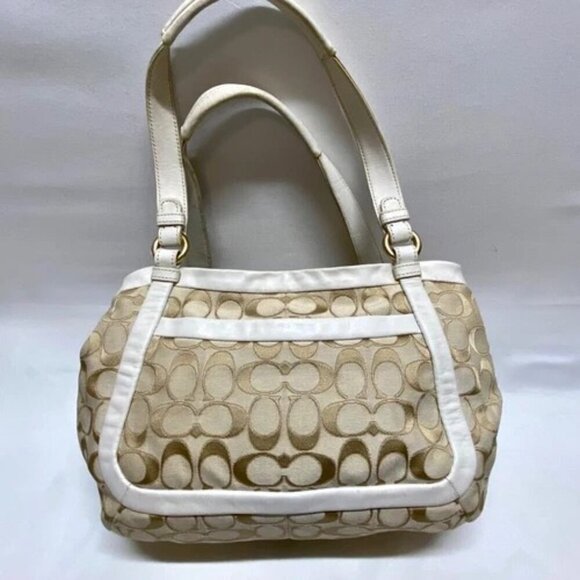 Coach Cricket 13604 Cream Tan Signature Shoulder Bag Purse Leather Trim TurnLock - Picture 2 of 15